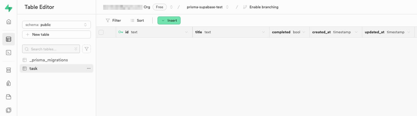 SupabaseのTable Editorにschema.prismaで設定したモデルが反映されている