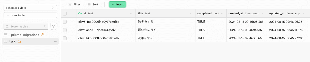 複数のタスクが登録されているSupabaseのキャプチャ