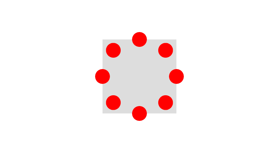 ローディングスピナーの中央にグレーの正方形があり、上下左右に回転半径の長さだけ赤い点がはみ出ている図