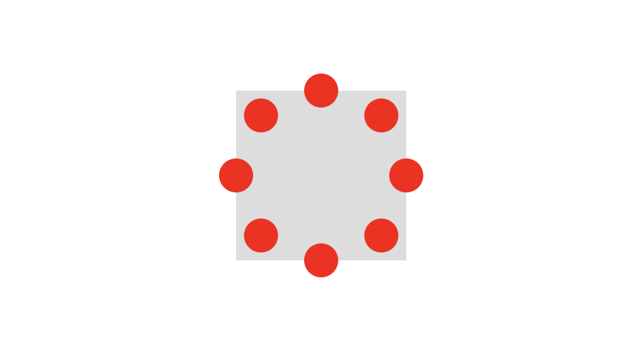 ローディングスピナーの中央にグレーの正方形があり、上下左右に回転半径の長さだけ赤い点がはみ出ている図