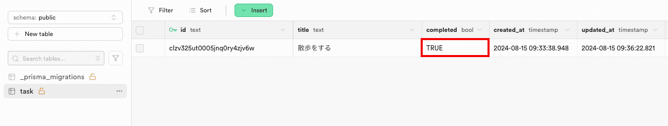 Supabaseの「散歩をする」タスクのcompletedがTRUEになっているキャプチャ